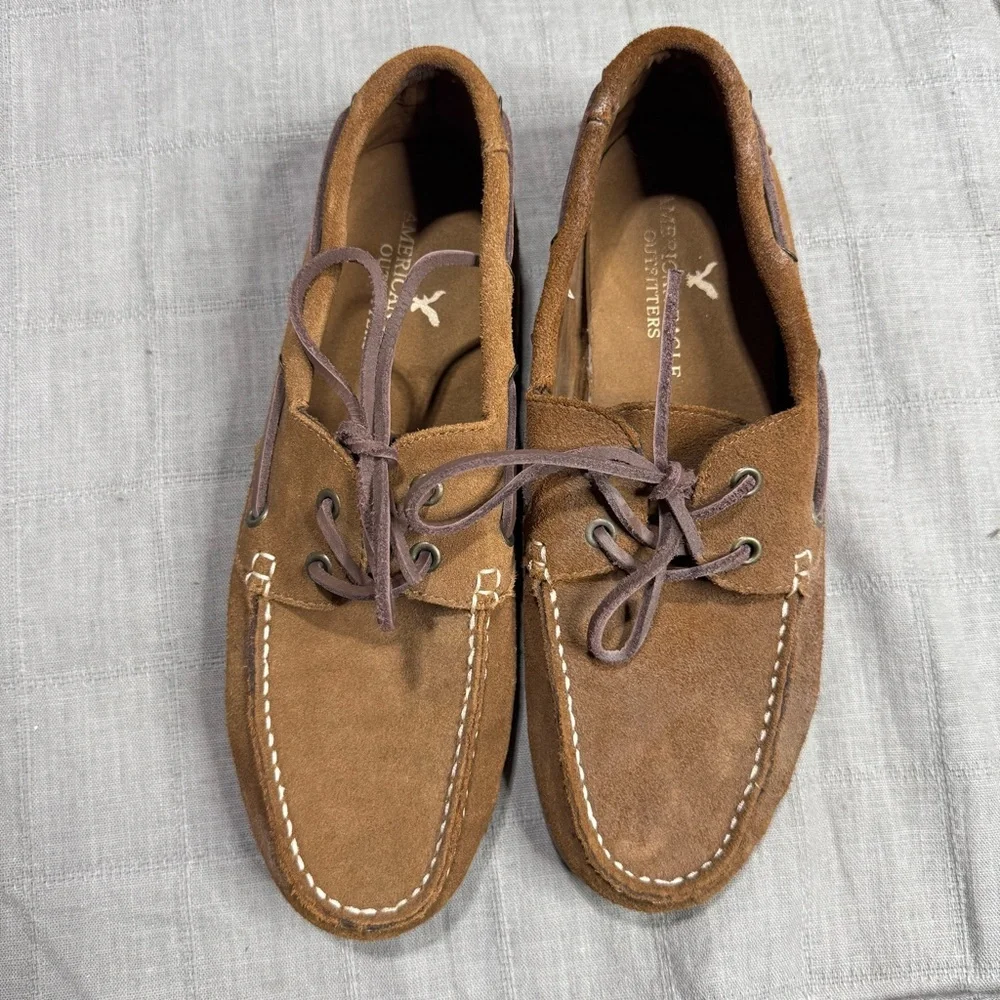 American Eagle Men’s Suede Boat Shoes Brown Leather Lace Moc Toe Loafers Sz 8